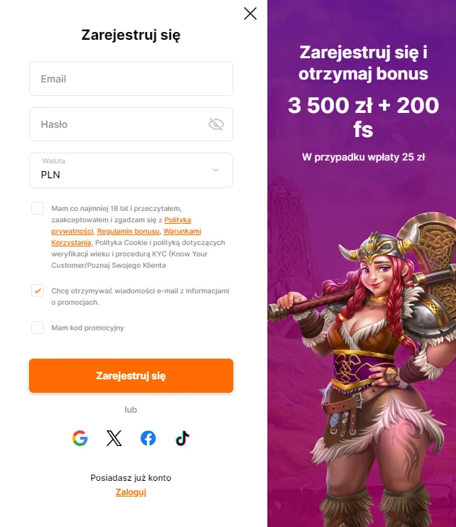 Rejestracja w Hit n Spin Casino